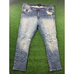 Focus Men's W44 L32 Stacked Jeans Distressed Rhinestone Denim Blue Wash Casual